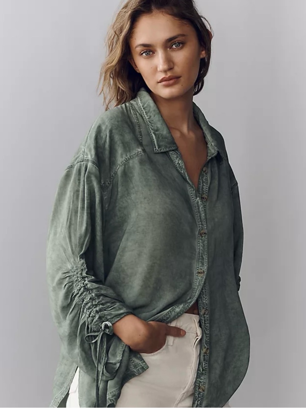 Anthropologie Pilcro Cinched Sleeve Washed Sage Green Button-Front Blouse